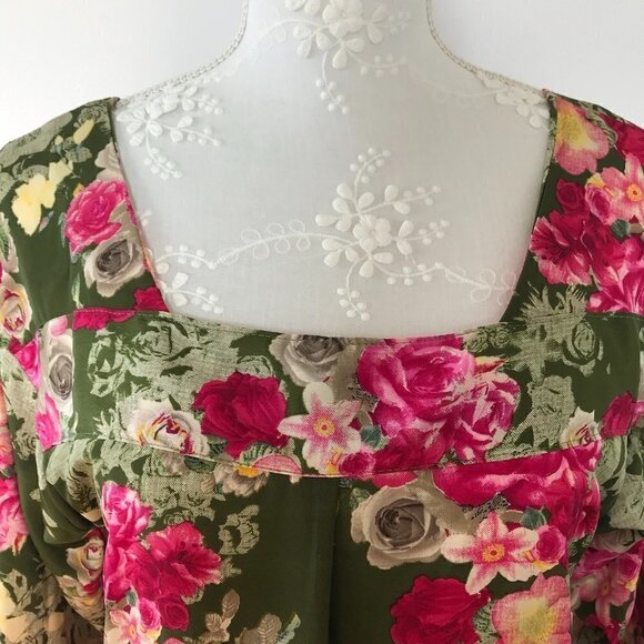 DKNY Long Colorful Tunic olive green/pink/yellow floral 3/4 sleeve square neck 6 - Picture 3 of 16